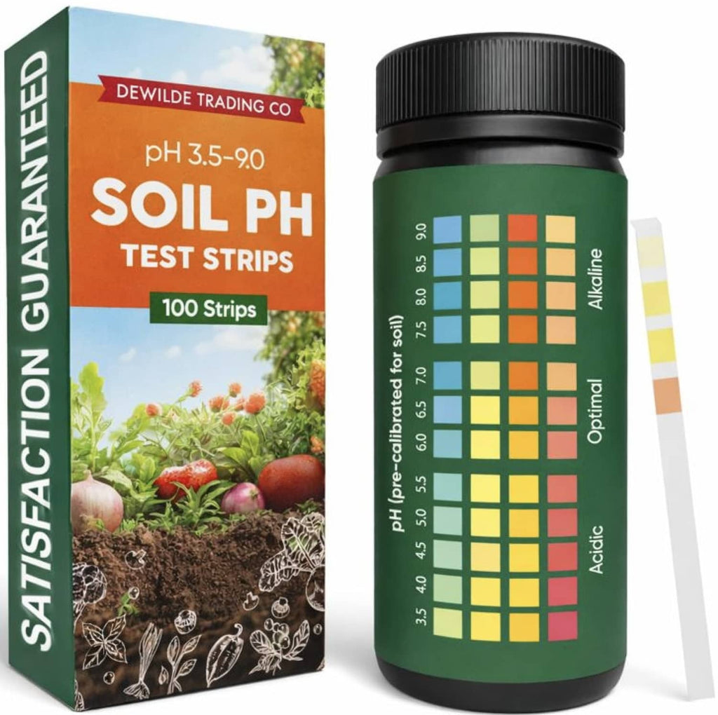 Soil pH test strips kit with bottle, color chart, and sample strip
