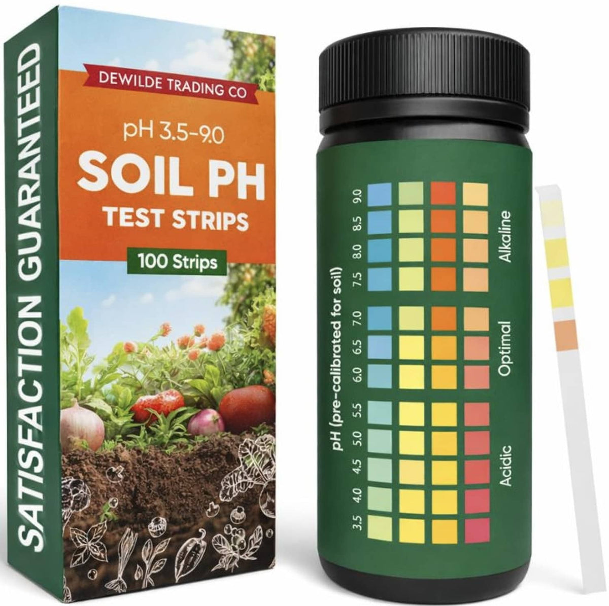 Soil pH test strips kit with bottle, color chart, and sample strip