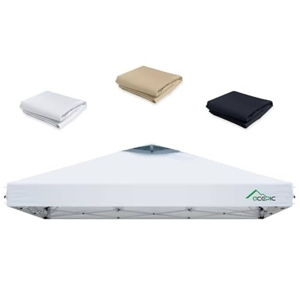 White canopy replacement top with air vent, front view with folded fabric swatches