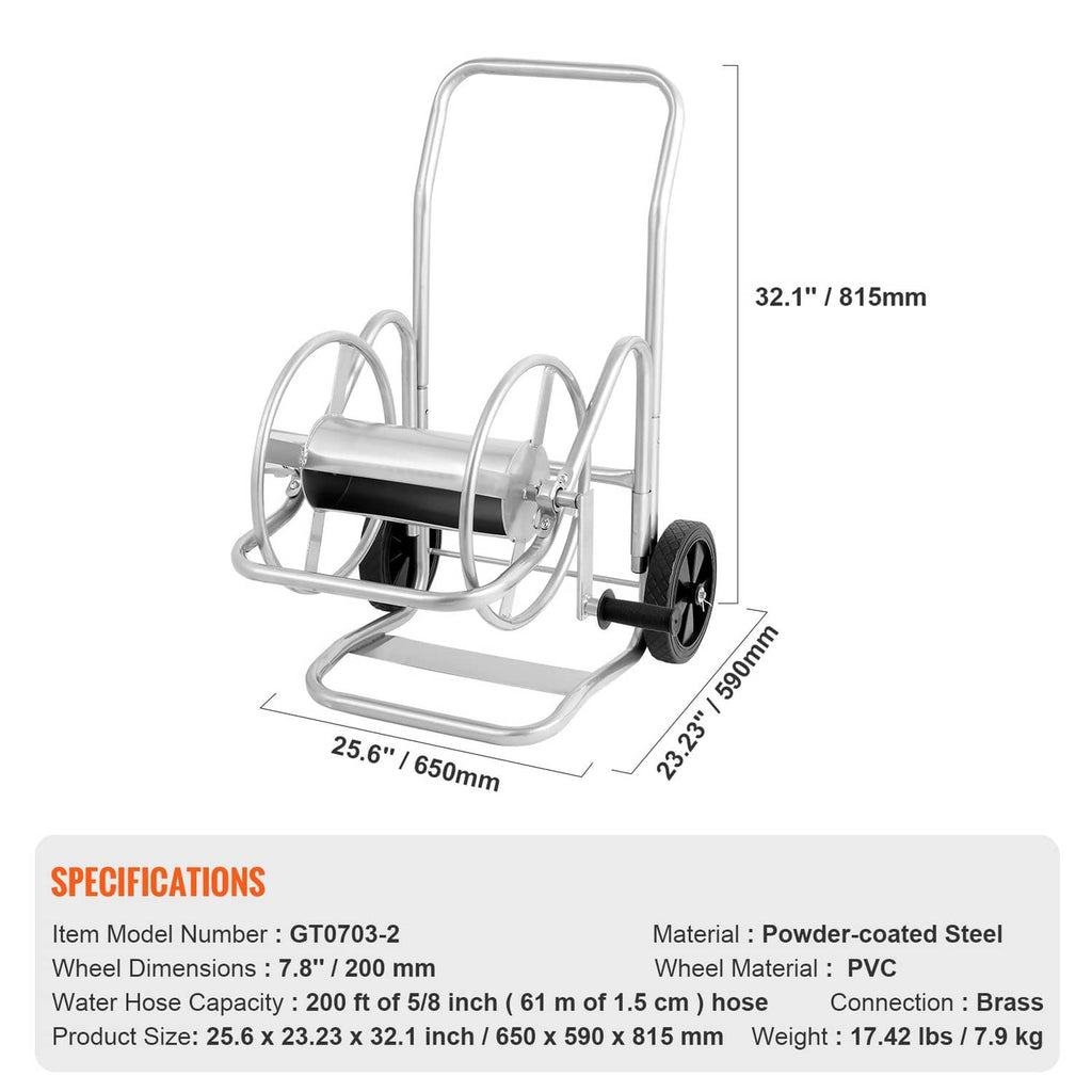 Silver hose reel cart with black hose drum, two curved base supports, and wheels