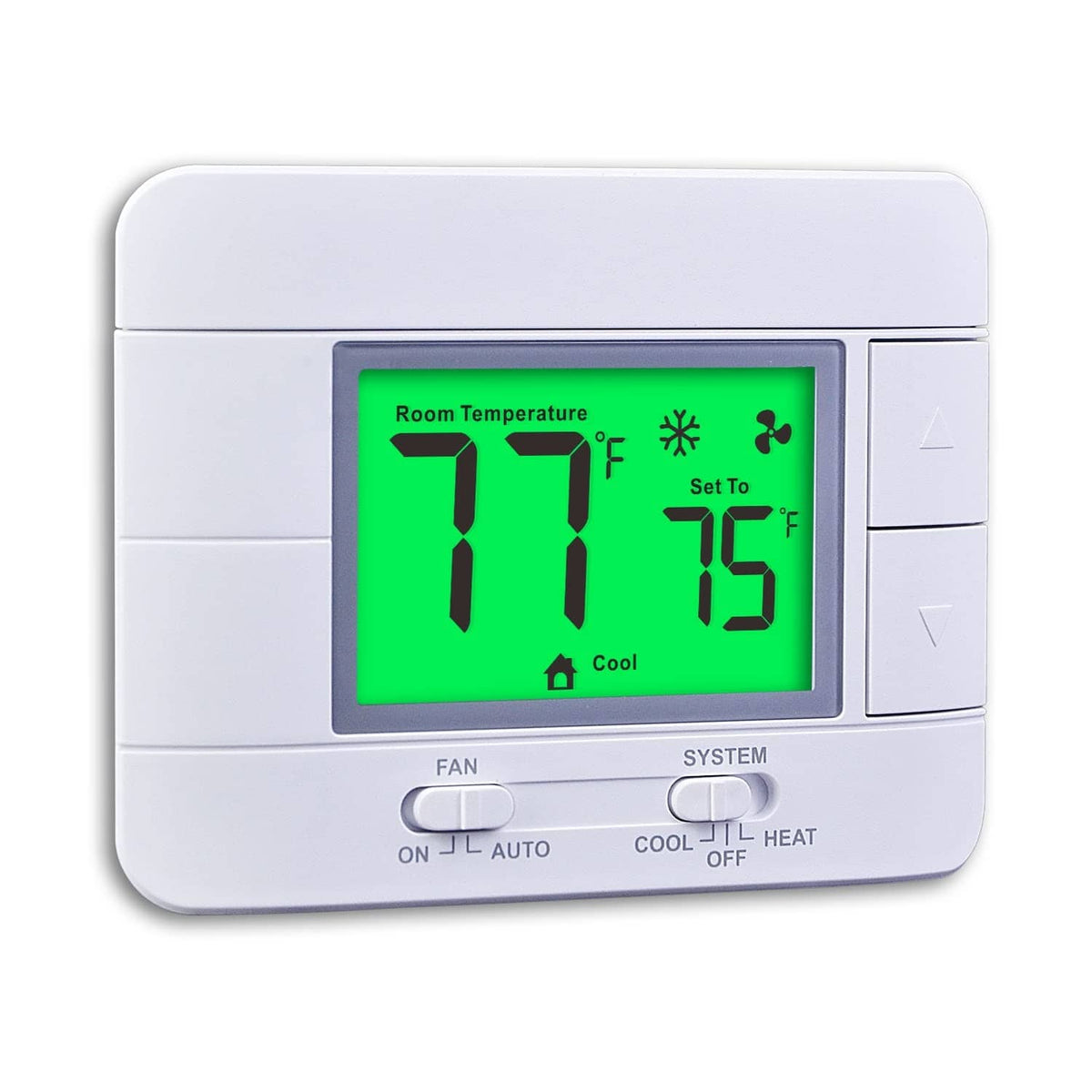 White non-programmable thermostat with green backlit LCD, cool/heat controls, and buttons