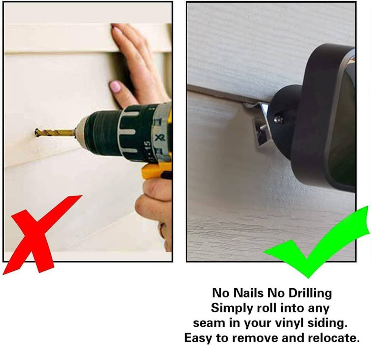 Silver siding clips installed without nails or drilling, with a roll-in fastening step shown