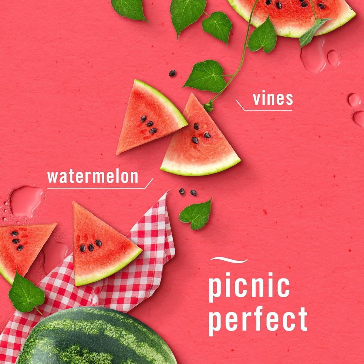 Watermelon and vines fragrance graphic with watermelon slices, green leaves, and scent label
