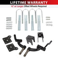 Golf cart lift kit components with drop spindles, curved arms, and mounting hardware