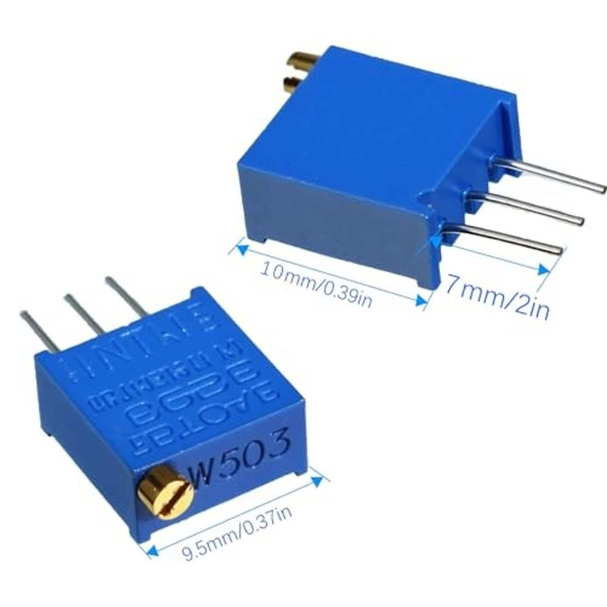 Blue multiturn trimmer potentiometer with three metal pins and gold adjustment screw