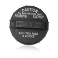 Fuel gas cap with “CAUTION” text and “TIGHTEN PAST 3 CLICKS” marking, black round design