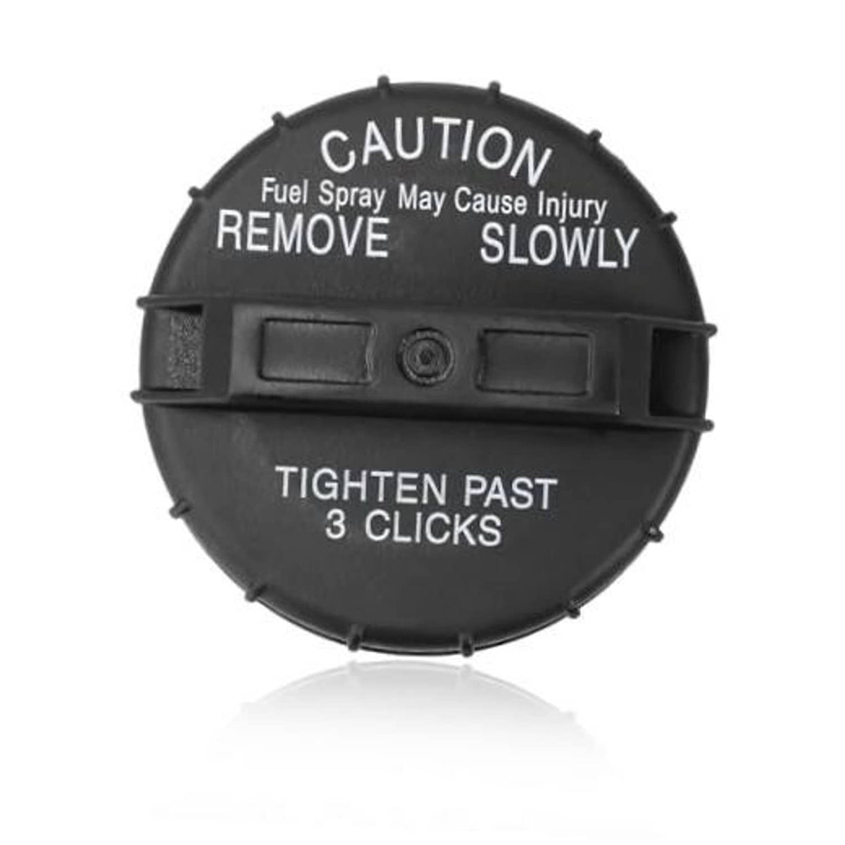 Fuel gas cap with “CAUTION” text and “TIGHTEN PAST 3 CLICKS” marking, black round design