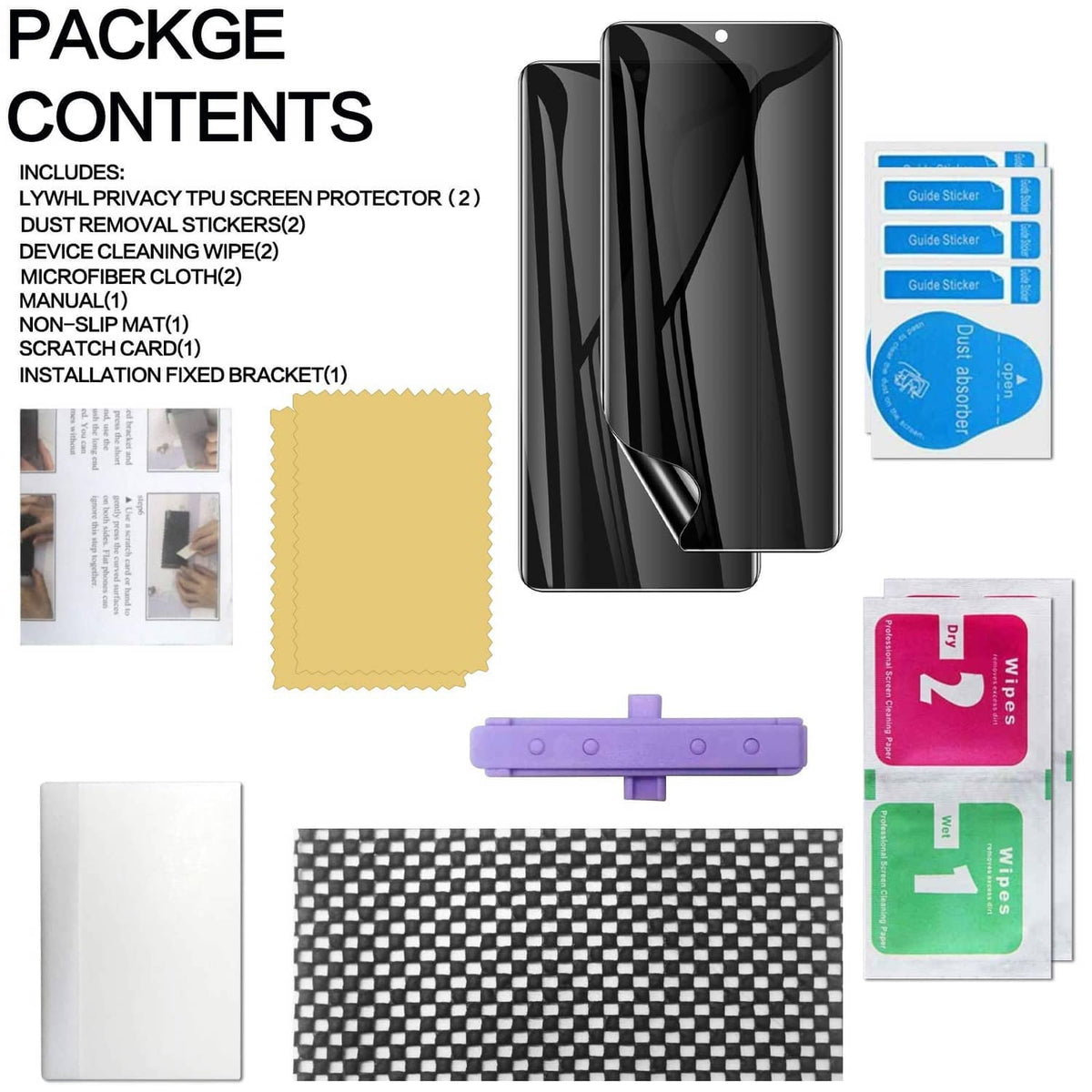 Screen protector kit contents: two privacy film sheets and cleaning accessories