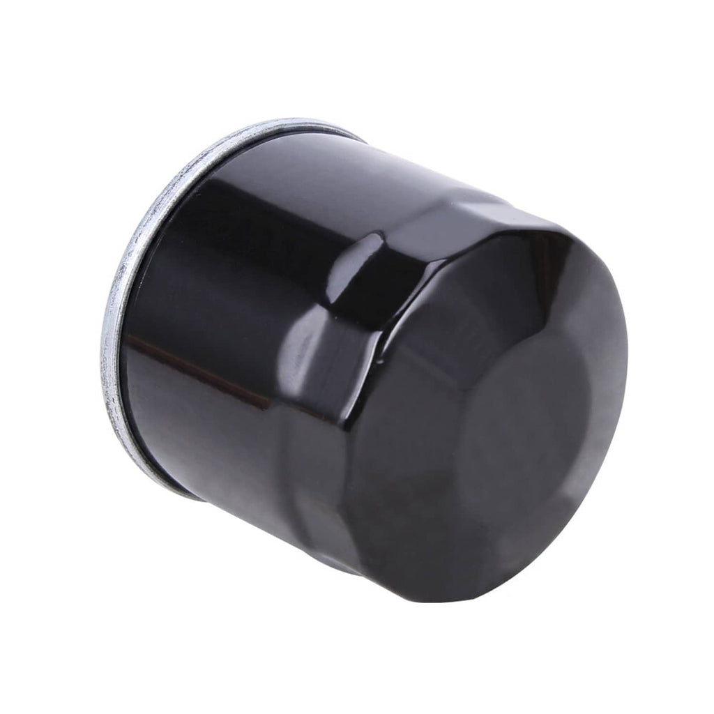 Oil filter cartridge side view with metal rim, glossy black canister