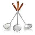 Stainless steel cooking utensil set with three wooden-handled spoons and skimmer