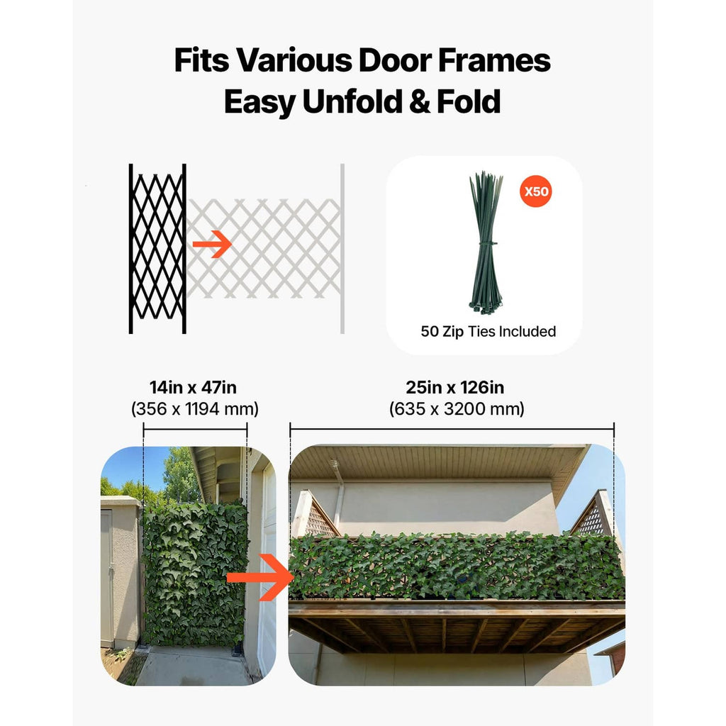 Artificial privacy screen with expandable unfolding design and included green zip ties
