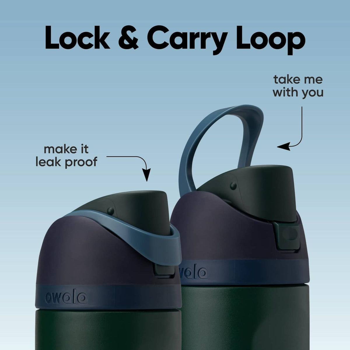 Insulated water bottle with carry handle and leakproof flip lid, dark green
