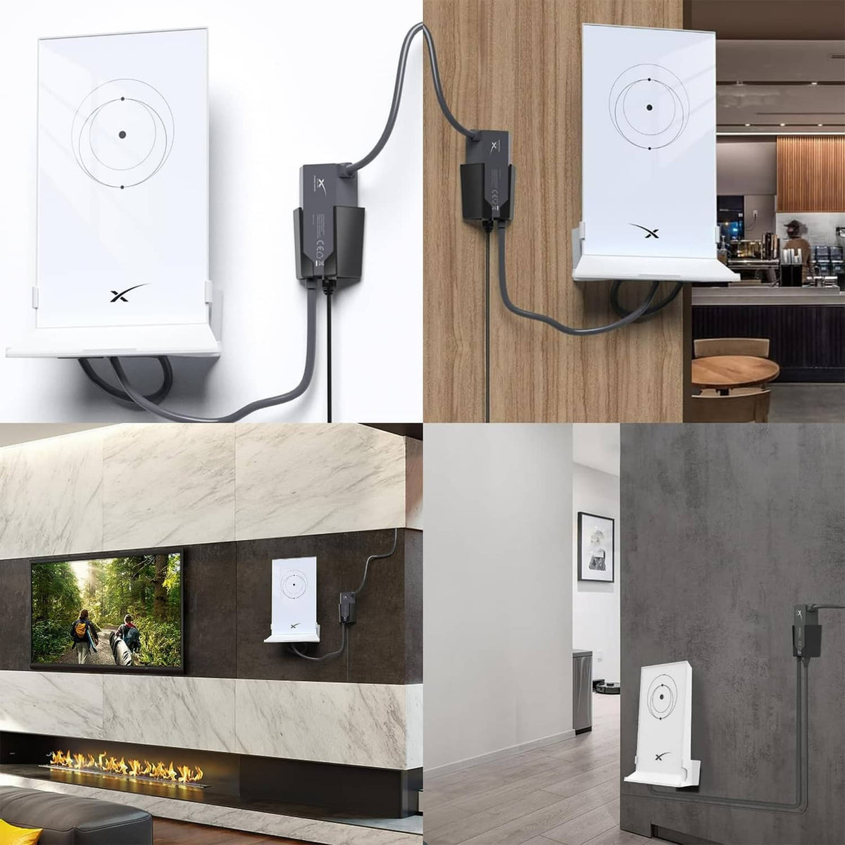 White router wall mount with black Ethernet adapter mounted on an indoor wall