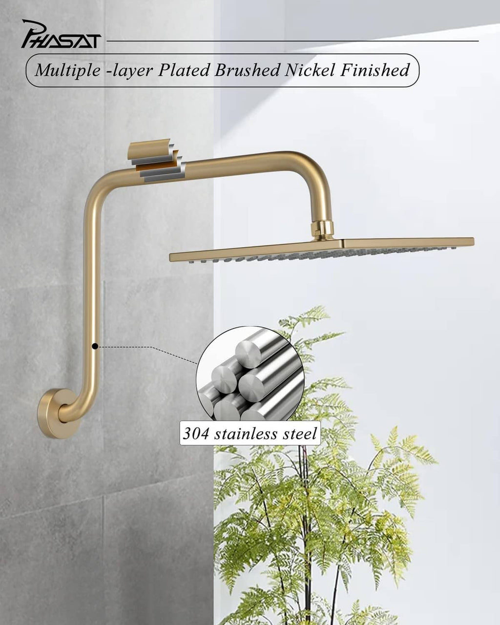 Brushed gold extension shower arm with round wall mount and elbow outlet