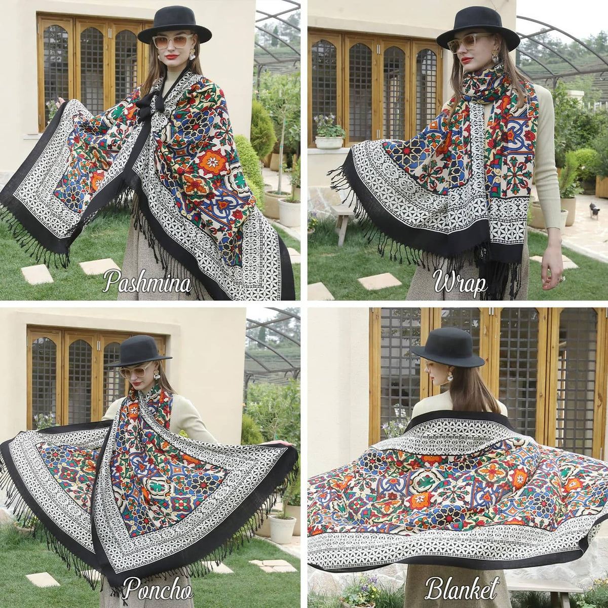 Merino wool pashmina laid out, multicolor Moroccan pattern with black fringe edges
