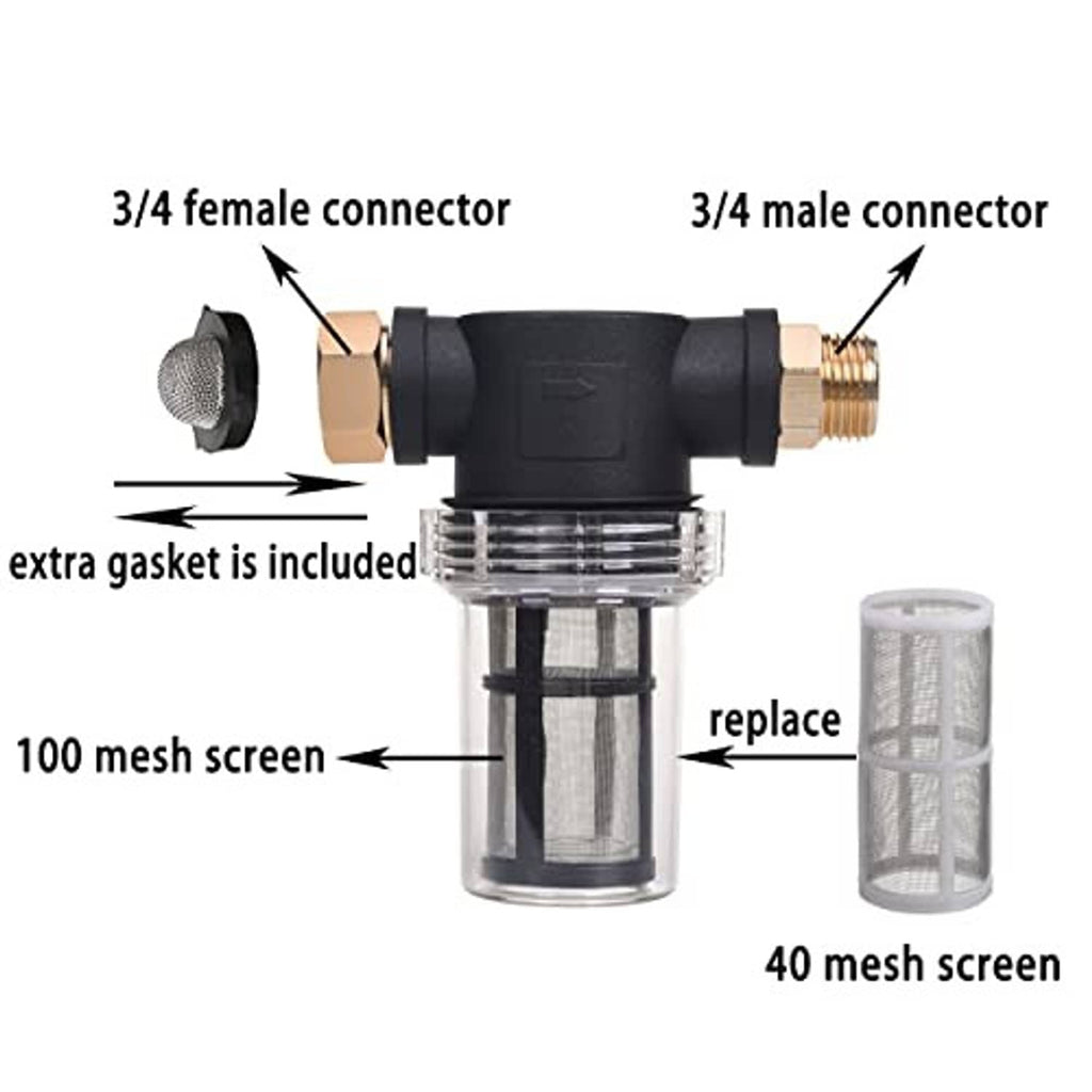 Garden hose filter with 3/4 connectors, clear sediment chamber, mesh screen