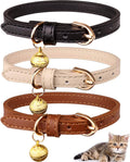 Set of three leather cat collars in black, tan, and brown with gold-tone bells