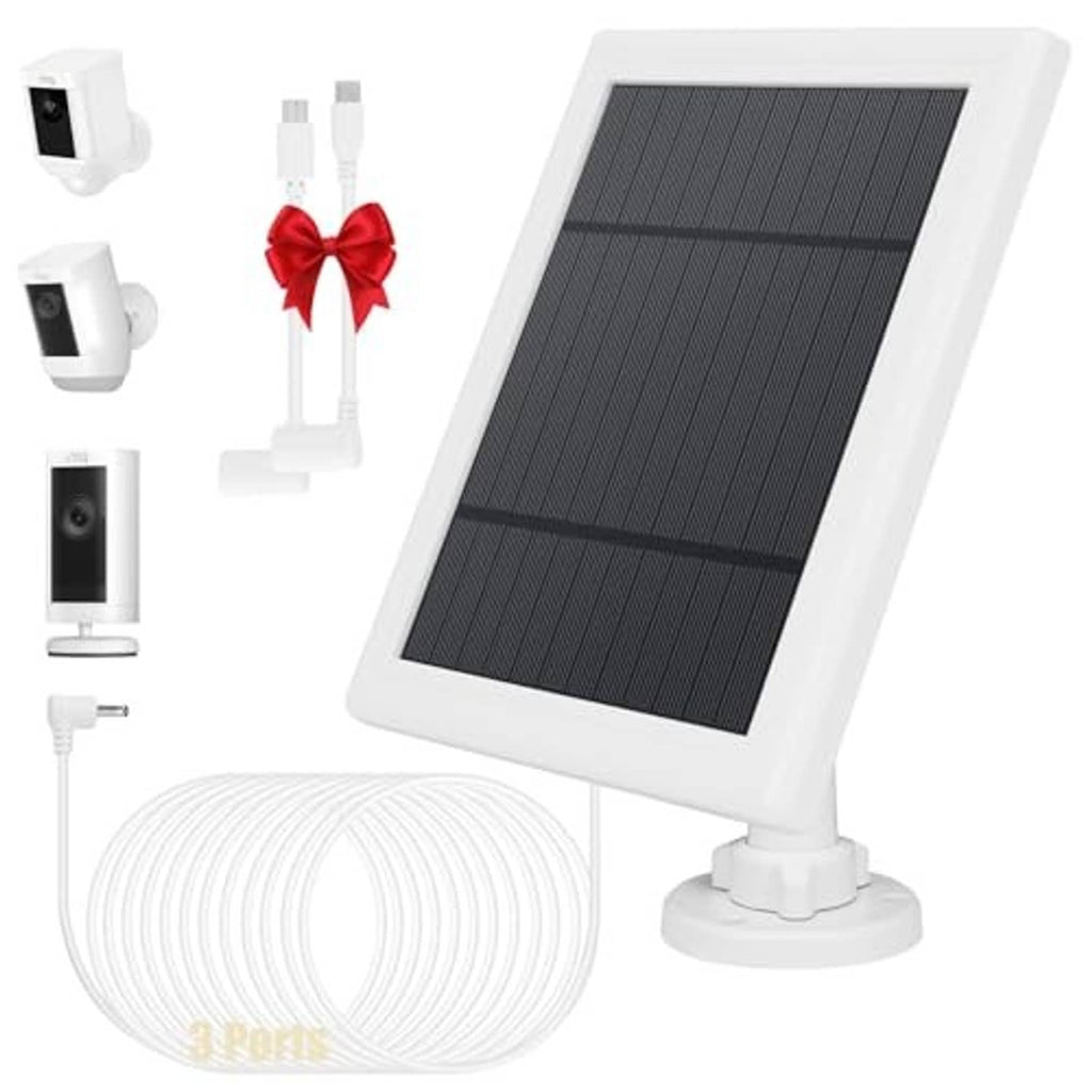 White solar panel for security camera kit with bracket and coiled charging cable