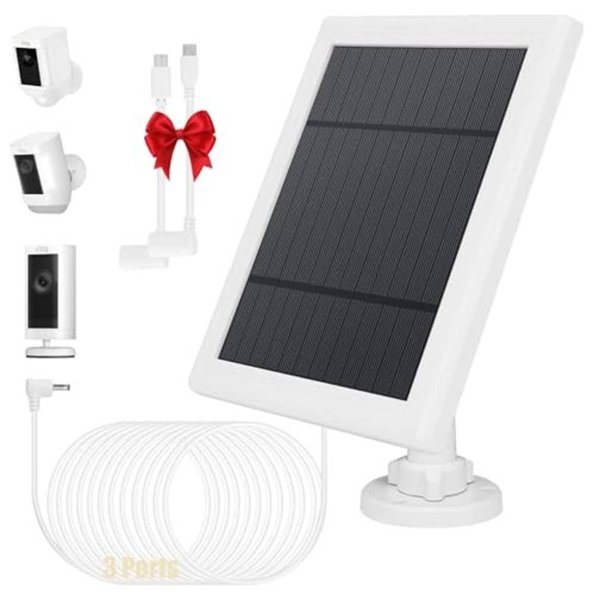 White solar panel for security camera kit with bracket and coiled charging cable