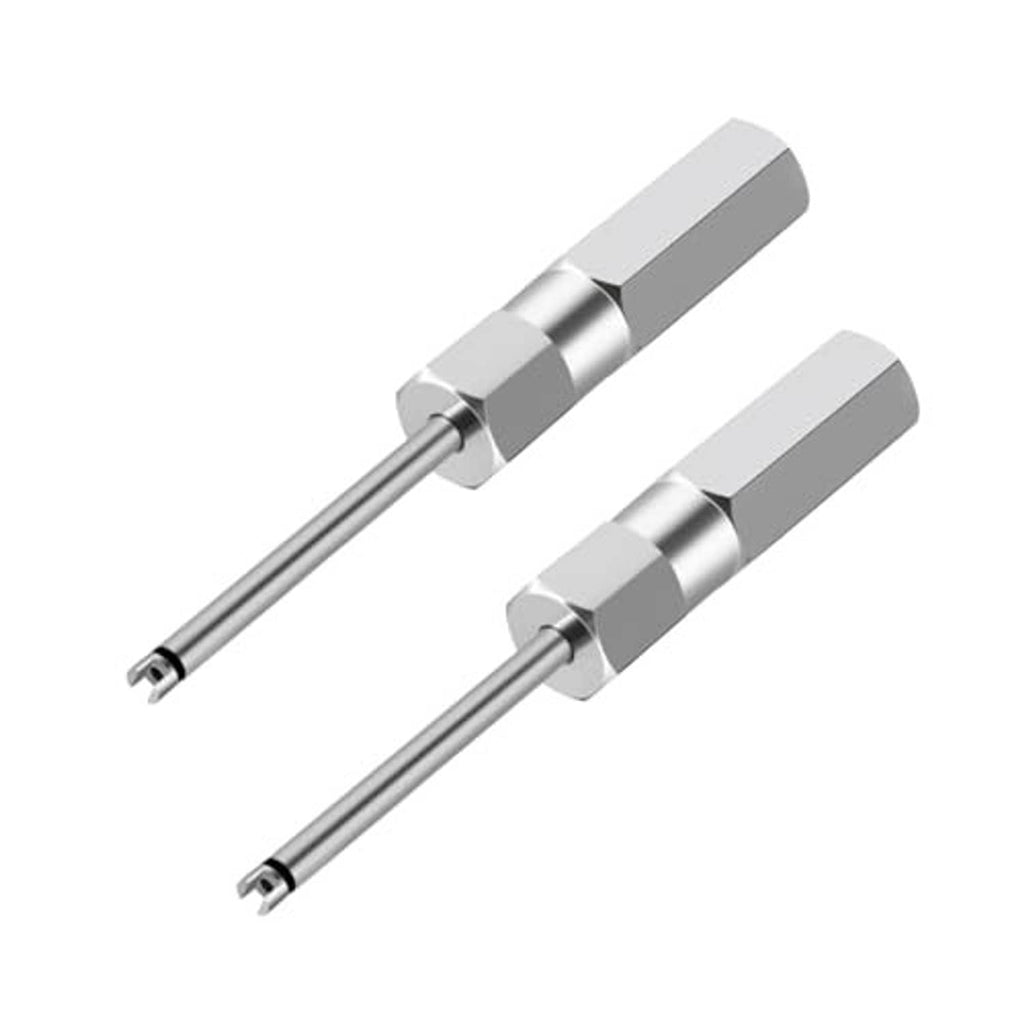 Two-piece valve core remover set, single-head metal tools with long shafts