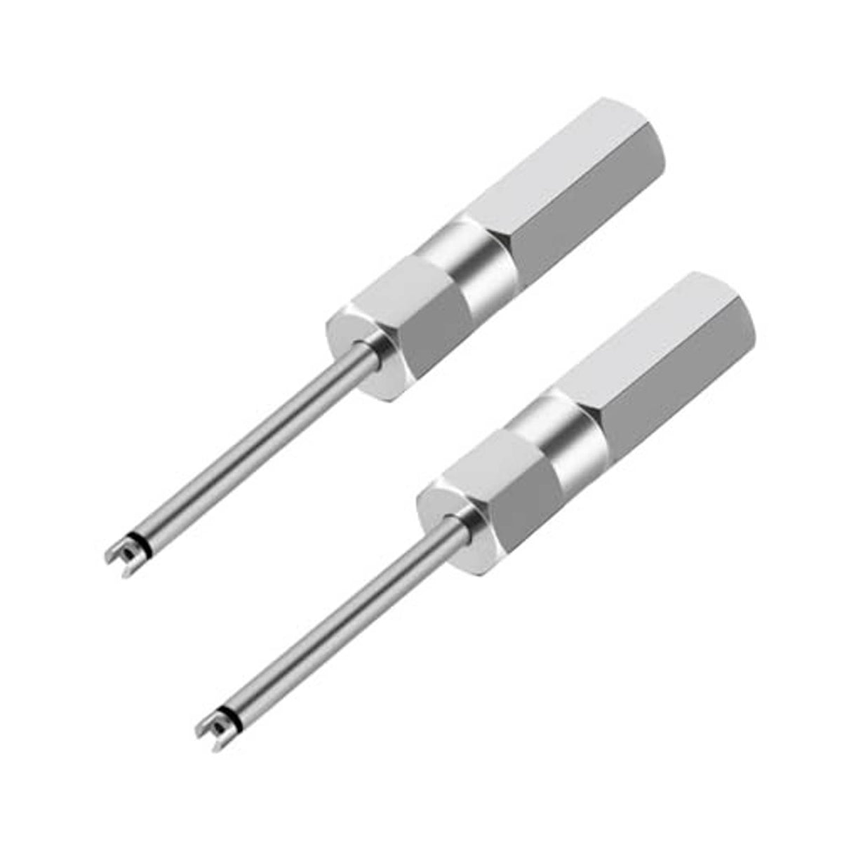 Two-piece valve core remover set, single-head metal tools with long shafts