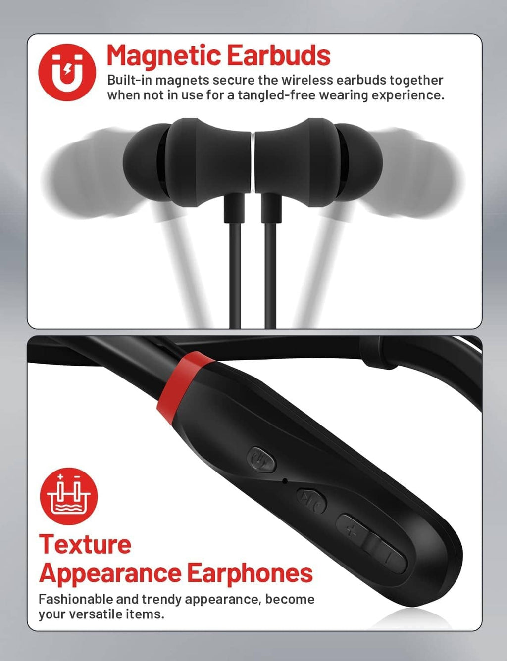 Black neckband earbuds with magnetic earbud connection and control pod