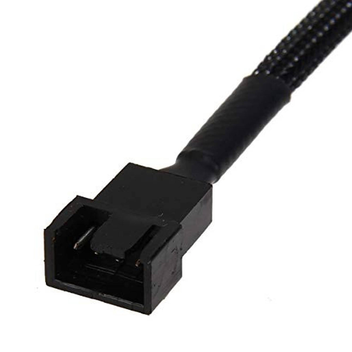 Black end connector of SATA to 3/4-pin PC fan adapter cable on braided cord