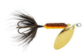 Rooster tail inline spinner lure with gold spoon, black feathered skirt, orange body