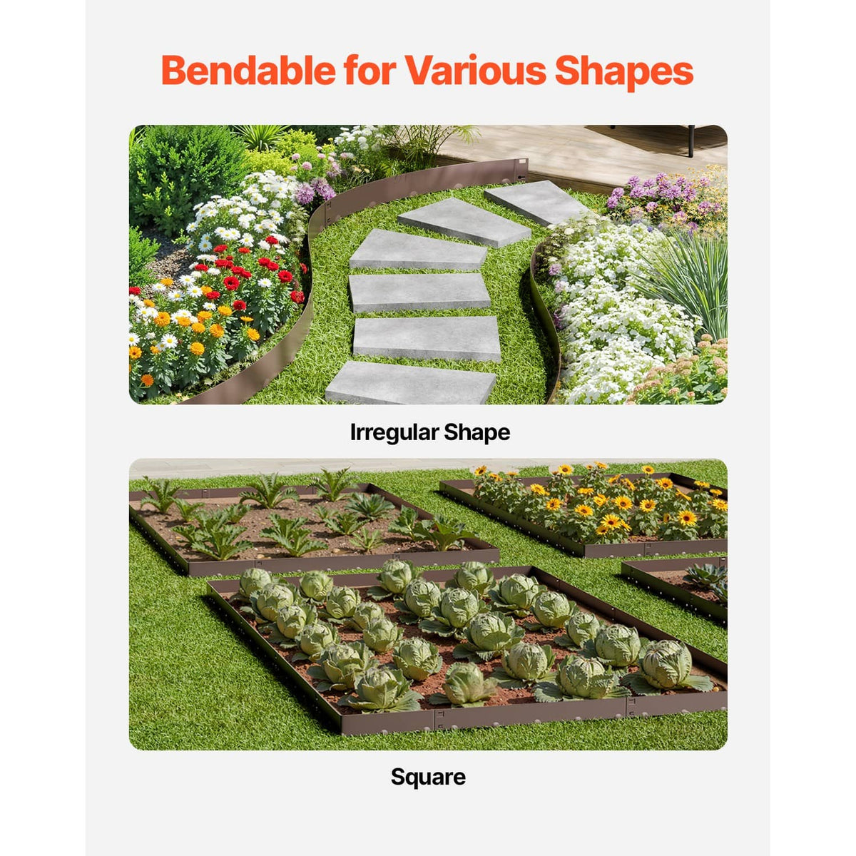 Brown steel edging border strip with spikes for curved flower bed shapes