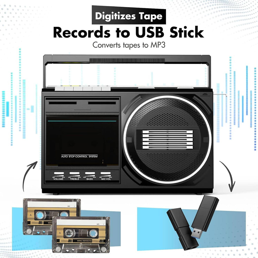 Black cassette boombox with speaker grille and front panel, records to USB stick