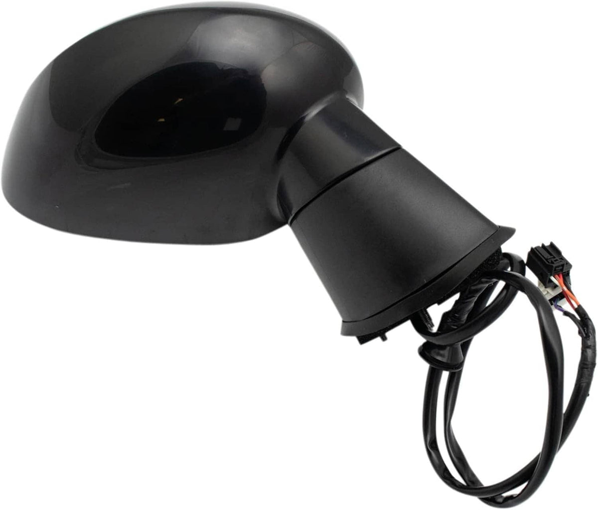 Black side mirror assembly with glossy cap and attached wiring harness