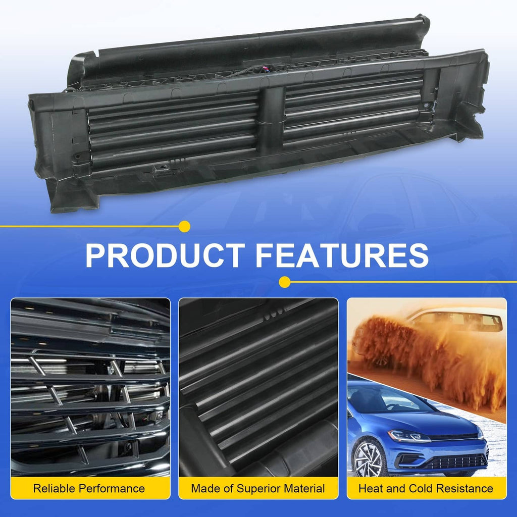 Active grille shutter assembly, side view with motor actuator and slatted grille