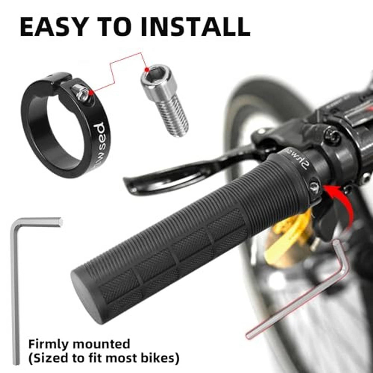 Black lock-on handlebar grip with lock bolt and hex key for easy installation