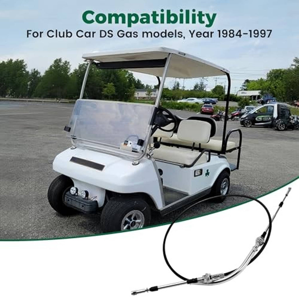 Transmission shift forward/reverse cable fitted on a gas golf cart, black sheath with metal ends.