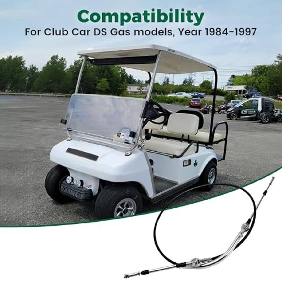 Transmission shift forward/reverse cable fitted on a gas golf cart, black sheath with metal ends.