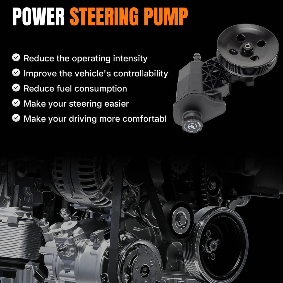 Power steering pump with reservoir shown installed-style on a vehicle engine bay