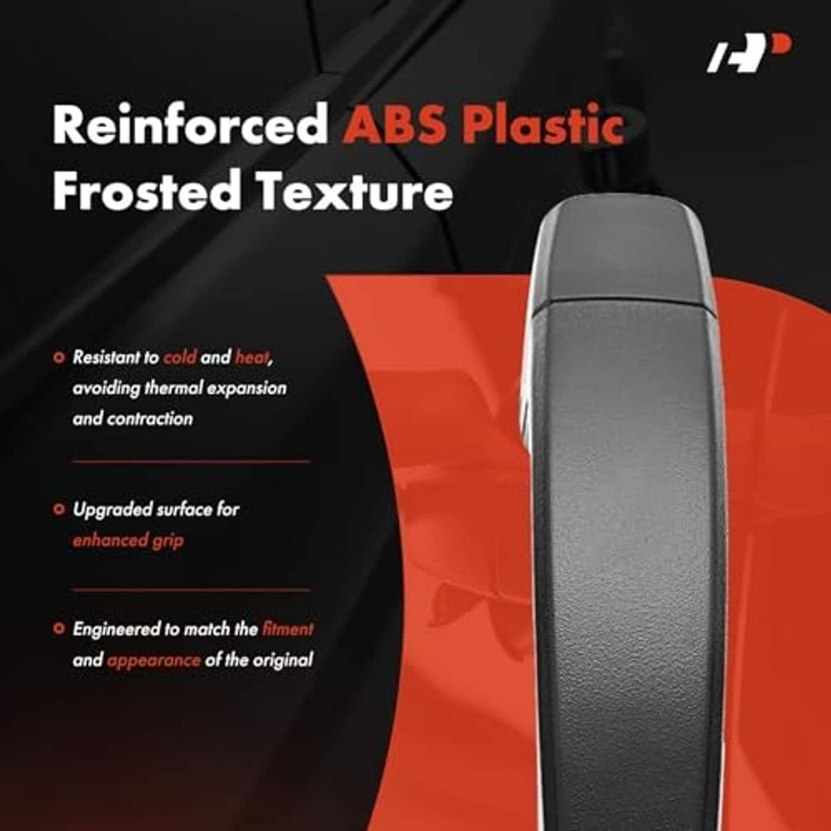 Textured black exterior door handle with frosted surface, close-up