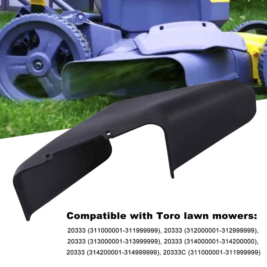 Black side discharge chute installed on a lawn mower deck