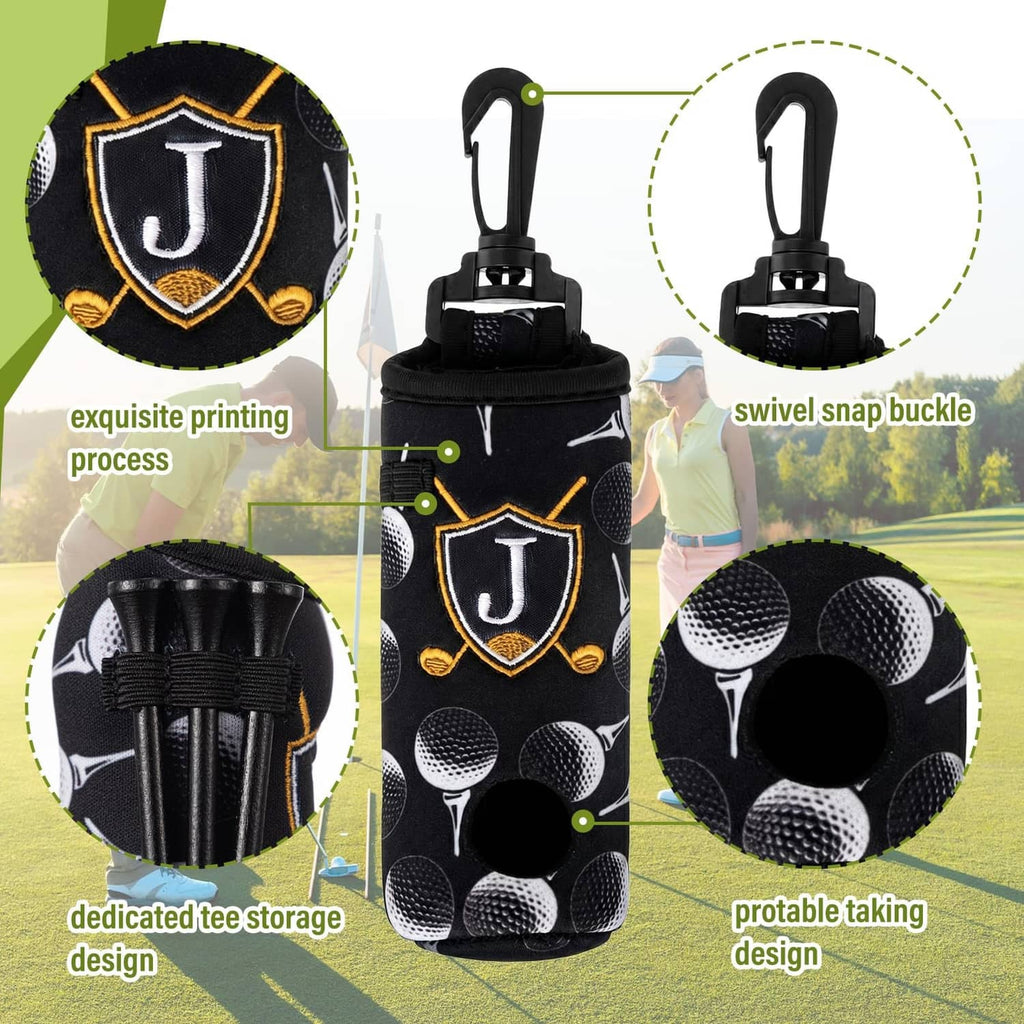 Black golf accessory pouch with J crest, tee storage rows, and swivel snap buckle