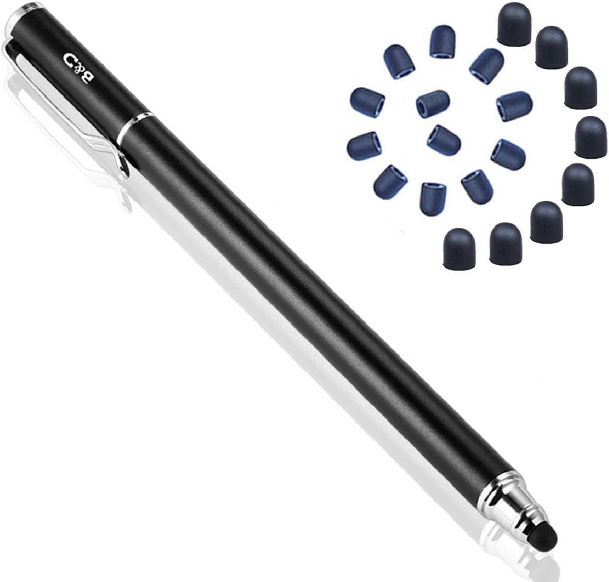 Black capacitive touch screen stylus pen with multiple spare blue rubber tips