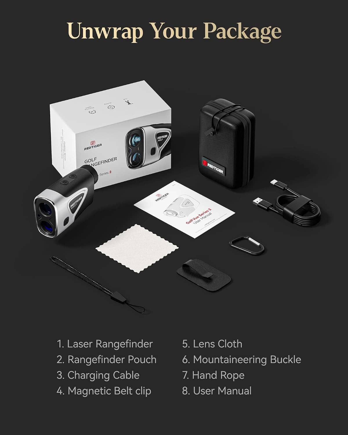 Golf laser rangefinder kit with box, pouch, charging cable, lens cloth, manual and accessories