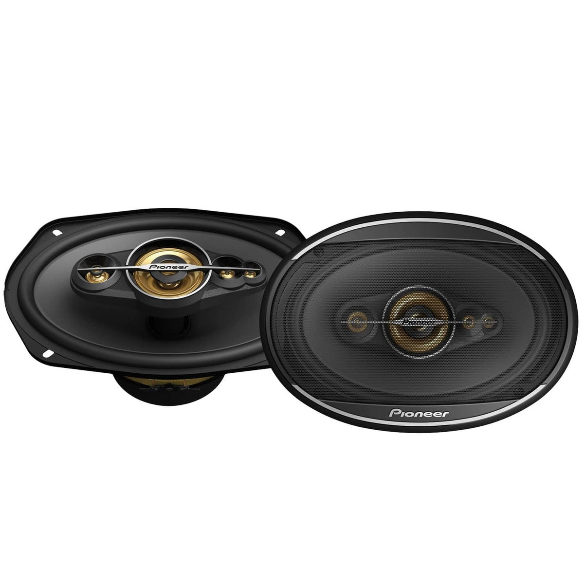 6x9 coaxial car speaker pair in black with gold accents