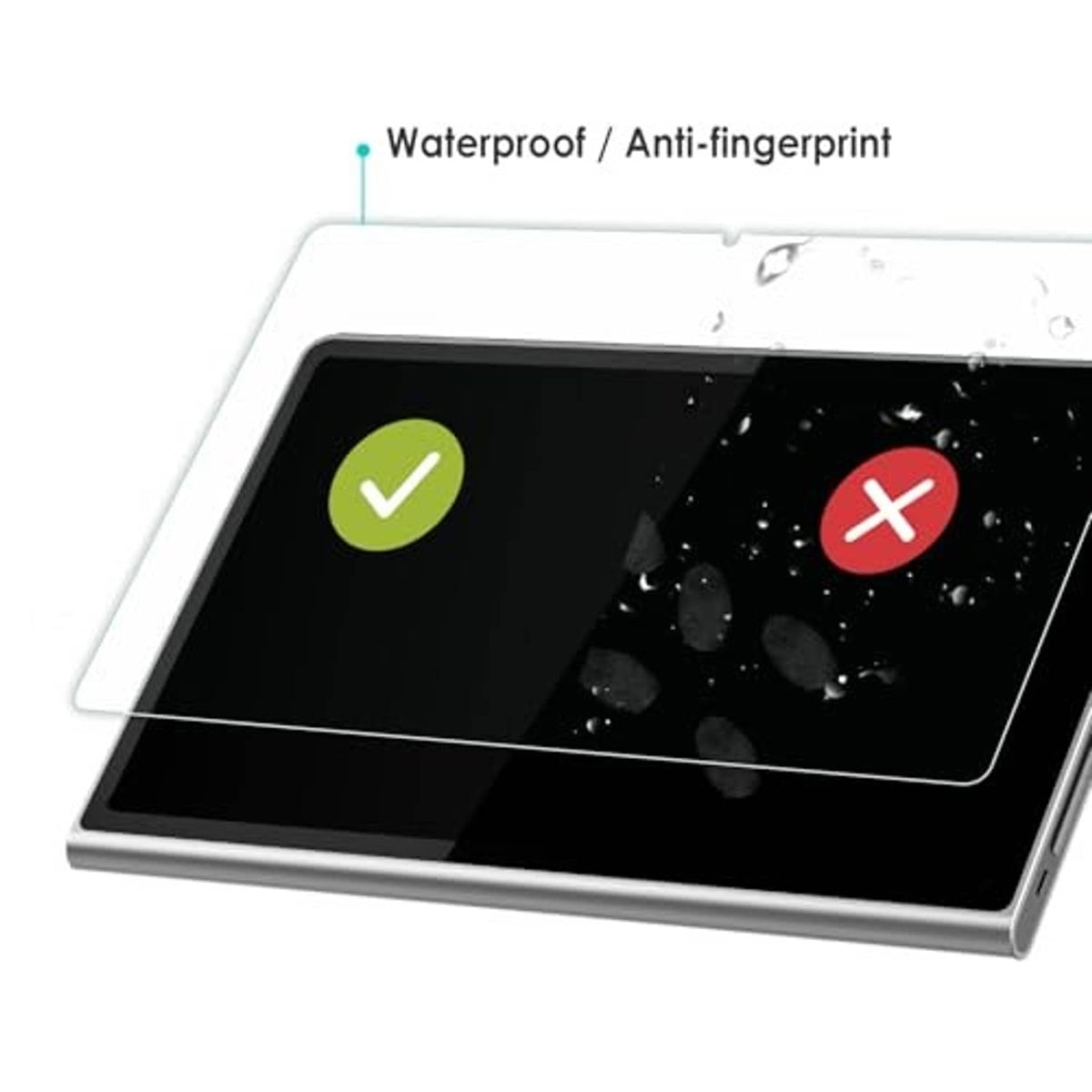 Clear tempered glass screen protector with waterproof and anti-fingerprint protection icons