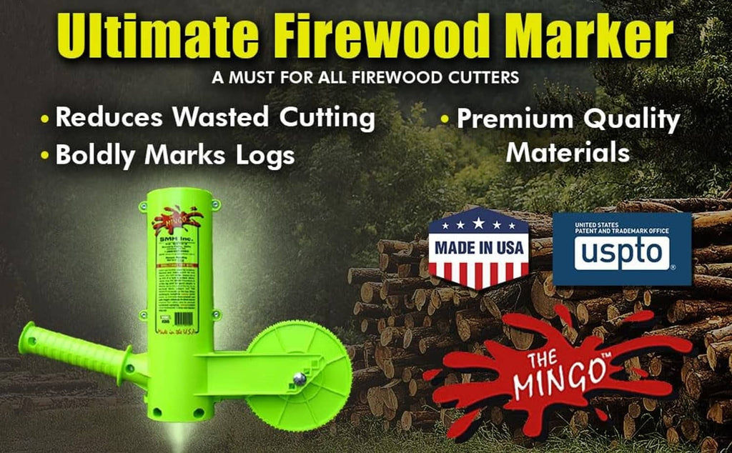 Green firewood marking tool with marking wheel beside stacked firewood logs.