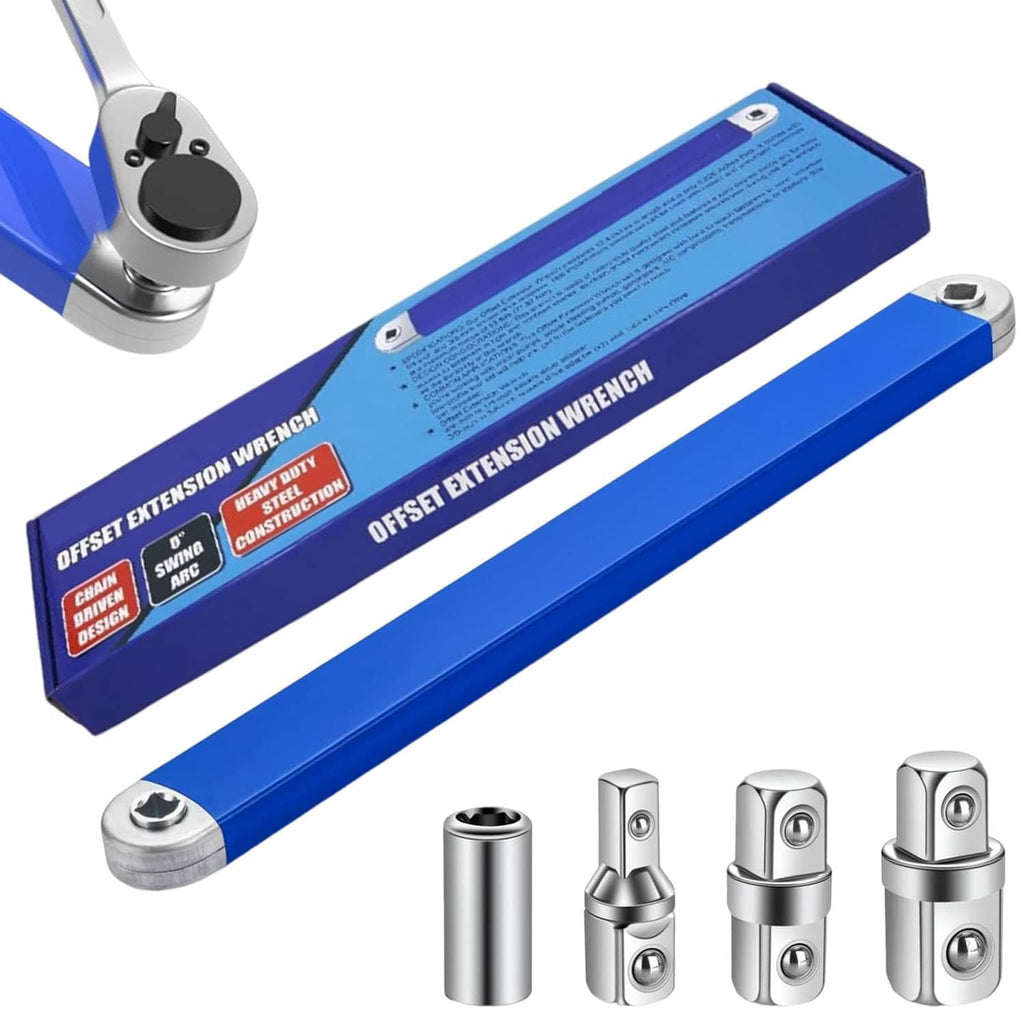 Blue offset extension wrench set with ratchet head and 4 metal socket adapters