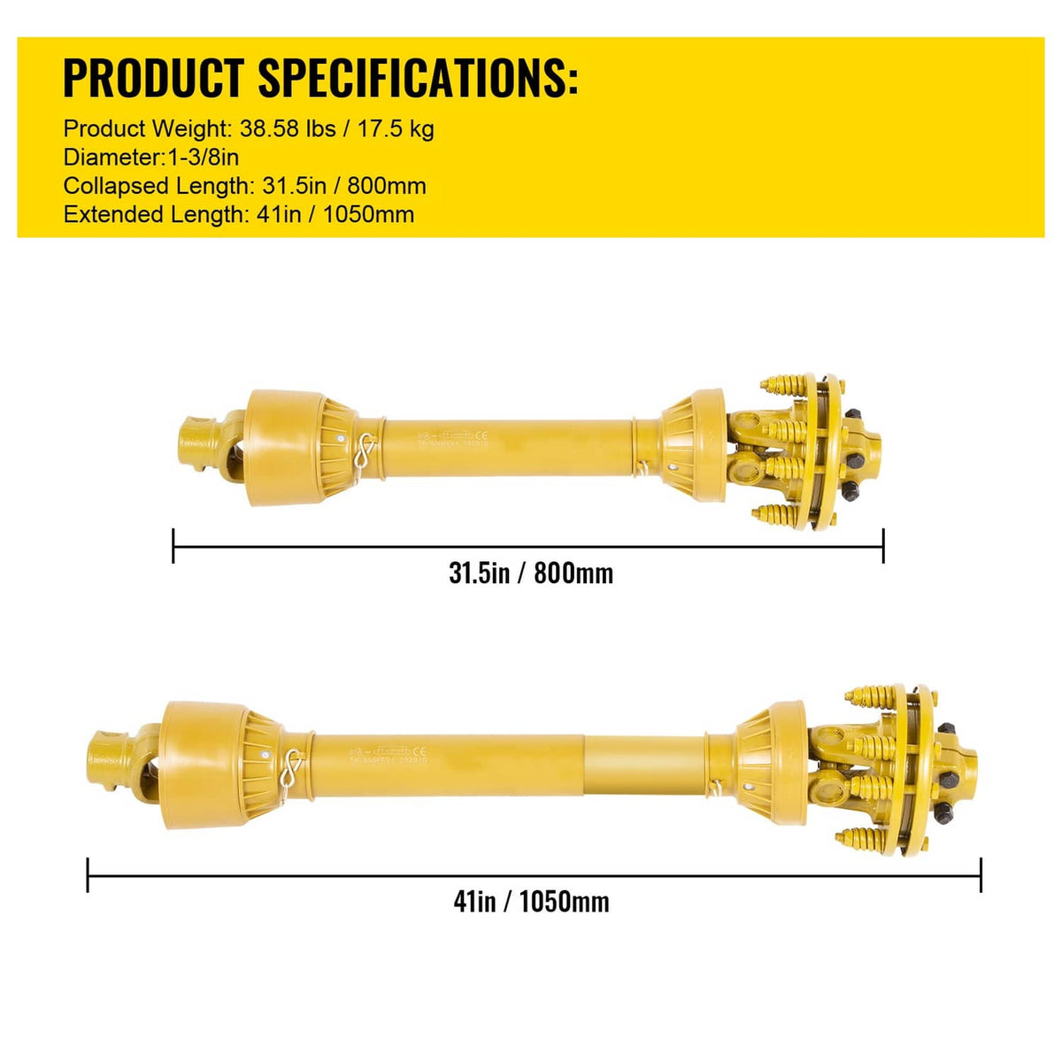 Yellow PTO drive shaft with slip clutch, chain safety guard, shown with length scale