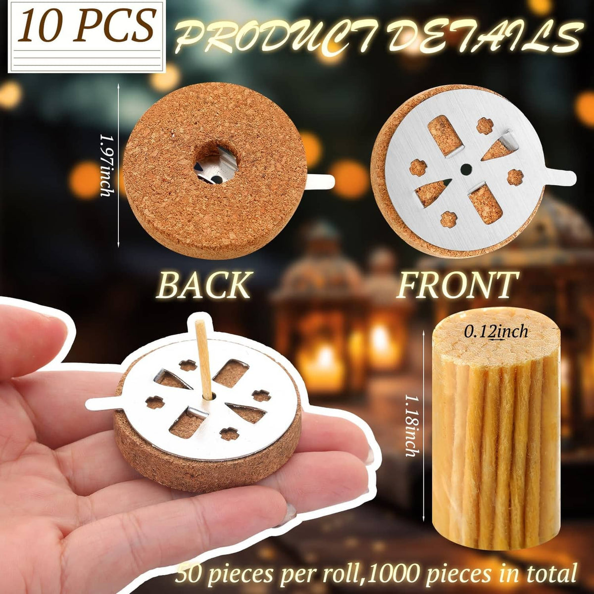 Beeswax candle cork float and wick: round disc with cross-shaped wick plus wick roll