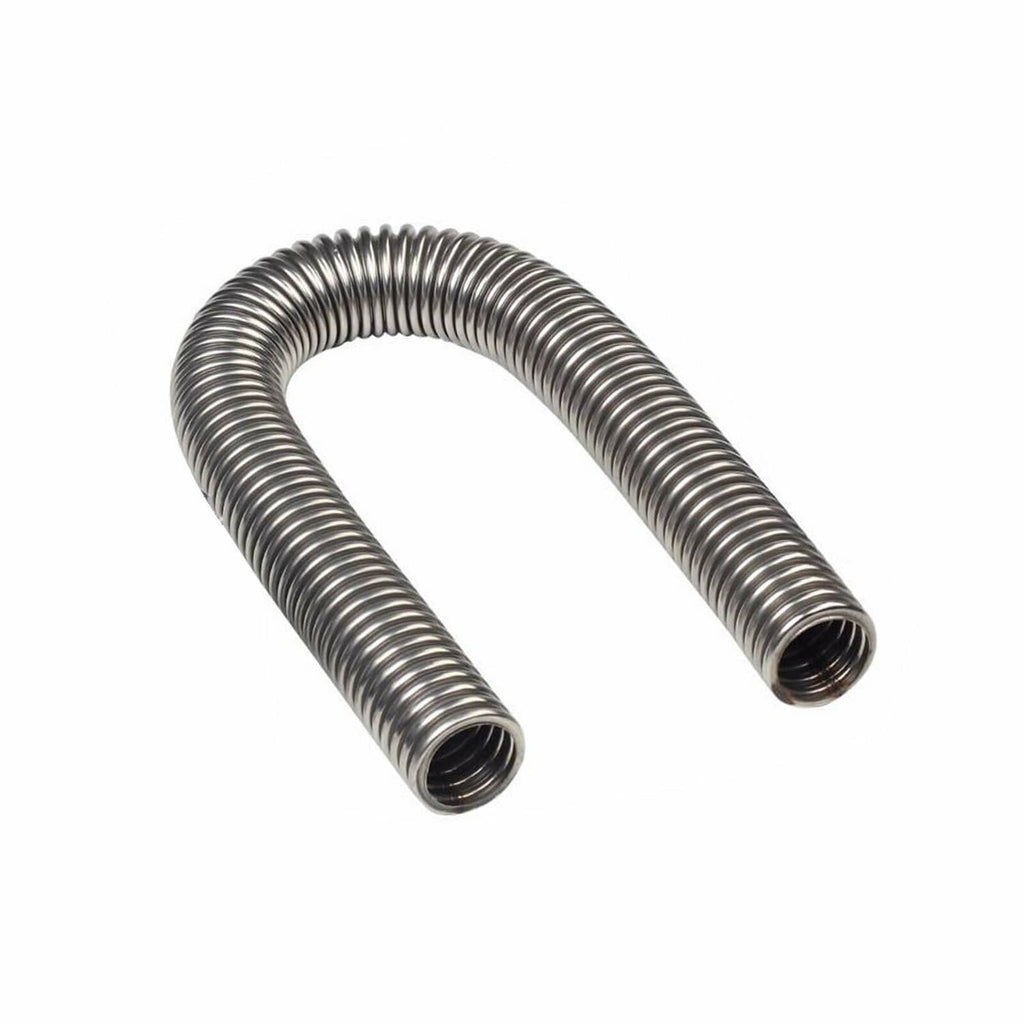 Two curved stainless steel radiator hose sections with corrugated spring design