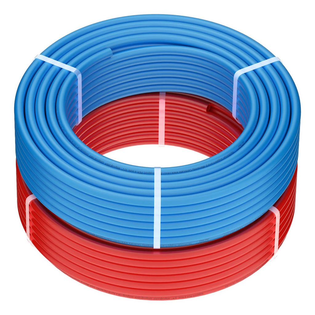 PEX-A tubing coils in blue and red with looped wrap for floor heating