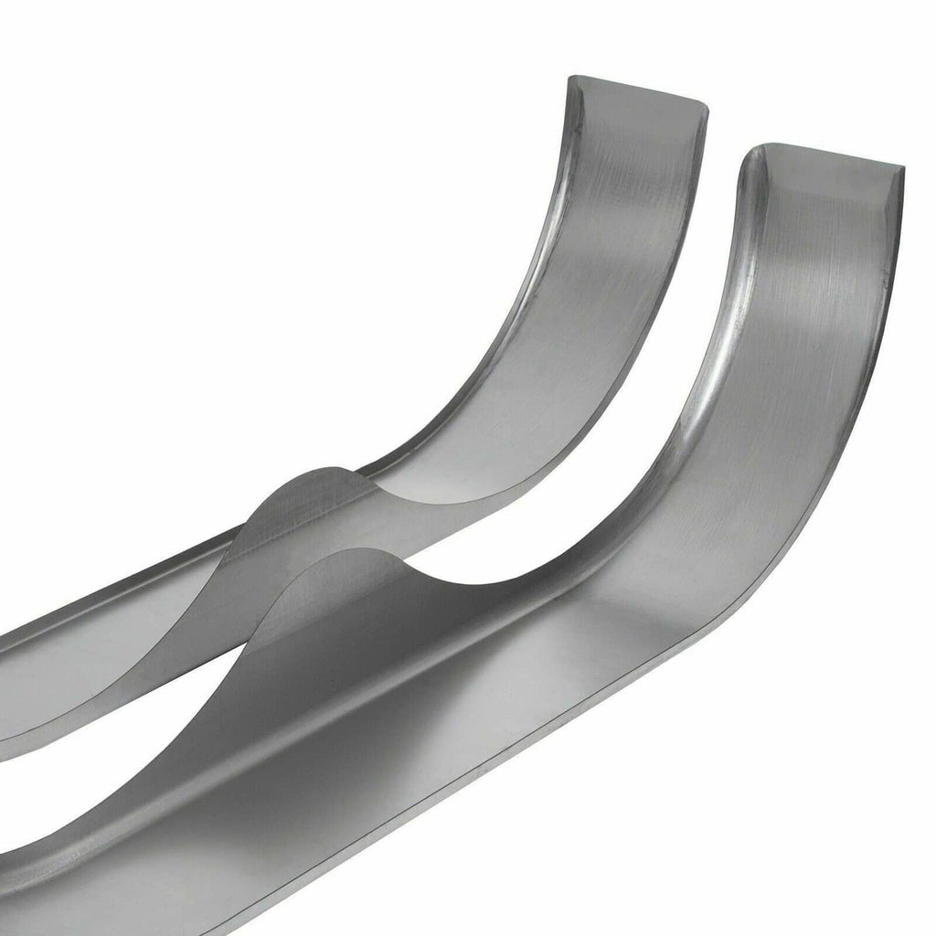 Two silver metal fenders side-by-side, tandem wheel-arch teardrop profile